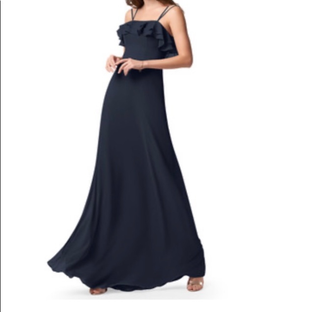 Azazie - Mare - Dark Navy Dress with Double Straps and Ruffle Neckline